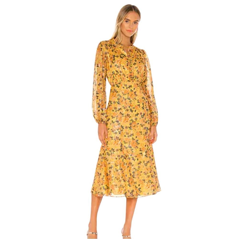 Tularosa Yellow Floral printed Jace Sheer sleeves Maxi Ruffled Dress Small